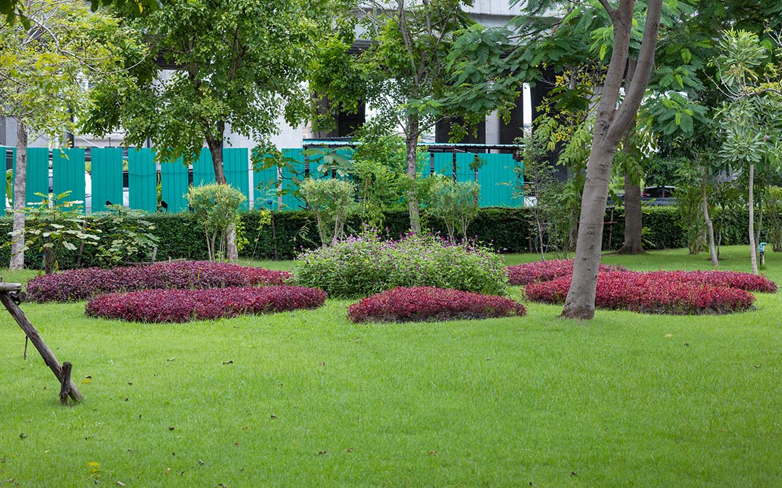 A landscaped garden features lush green grass, vibrant red and purple flowerbeds, and scattered trees against a painted blue backdrop.