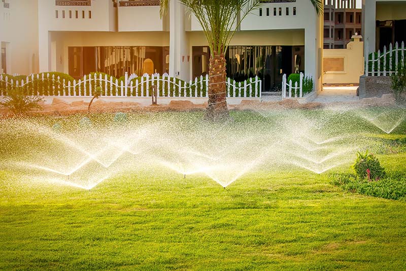 Residential landscaping featuring a professionally installed lawn irrigation system.